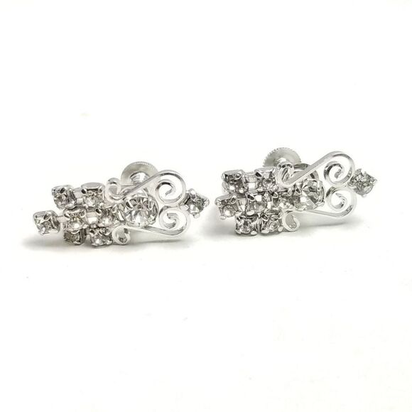 Vintage Duane Rhinestone Clip On Earrings, Screw Back, Silver Tone, Estate - Picture 2 of 6